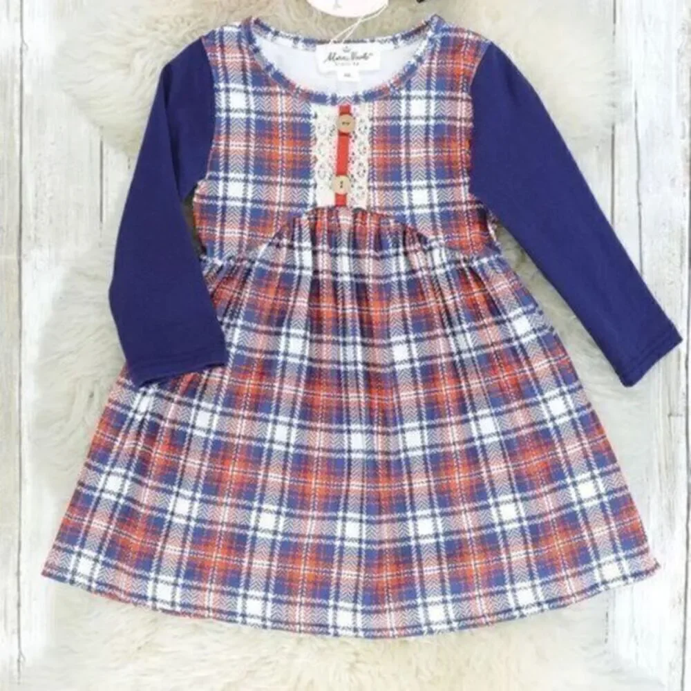 NWT Girls Blue/Red Plaid Dress with Navy Raglan Sleeves Buttons and Lace Detail
